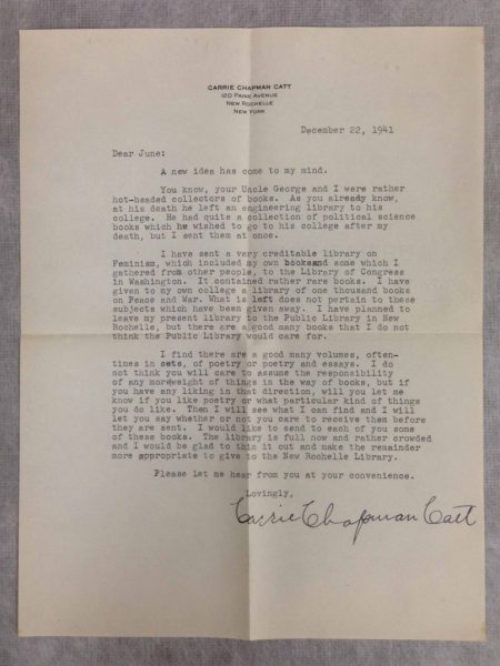 This letter from Catt to her niece Cora June Linn mentions a donation of books to Iowa Agricultural College (now Iowa State).