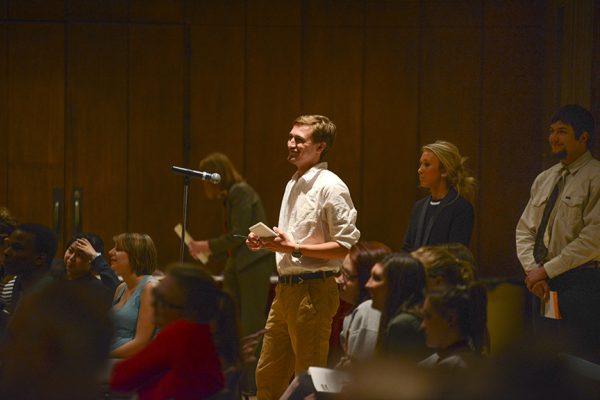 Students stand in line to ask Bernard questions following her lecture.