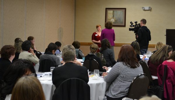 A participant practices an on-camera interview during the April 28 Ready to Run Iowa workshop.