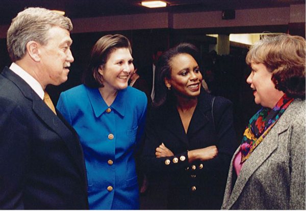 In April 1998, the Catt Center helped host the visit of Brandeis University Professor Anita Hill (second from right), an attorney and author who writes and speaks about race and gender issues, to Iowa State University. Hill and Dianne Bystrom (second from left) were colleagues at the University of Oklahoma in the late 80s and early 90s. Also pictured are then-Iowa State President Martin Jischke (left) and Iowa State First Lady Patty Jishske (right). The Jishkes also were affiliated with OU during the 70s and 80s.