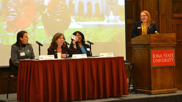 From left: Sen. Chris Cournoyer, District 49; Rep. Karin Derry, District 39; and Monic Behnken, Ames Community School Board member, speak to the participants about their experiences running their races. All three women are graduates of the Ready to Run Iowa program and won their elections. Rep. Derry holds up her Ready to Run name tag from 2017.