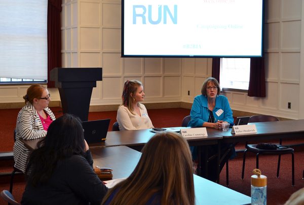 Caroline Cummings (middle), Iowa politics reporter with KGAN, KMEG, KTVO, KPTM and KHQA, and Kathie Obradovich (right), opinion editor for The Des Moines Register, offer tips when working with the media on April 19 at the Iowa State Memorial Union.