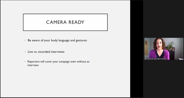 Angie Hunt, director of Iowa State University News Service, presented tips on being camera ready as part of her presentation on communicating on camera.