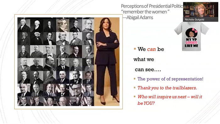 PowerPoint slide with a photo of Vice President Kamala Harris next to a collage of photographs of previous U.S. vice presidents, who are all white men.