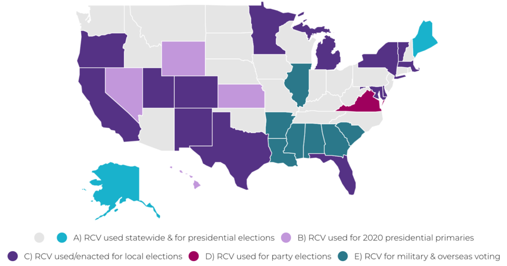 A map of how and where ranked-choice voting is used throughout the US.