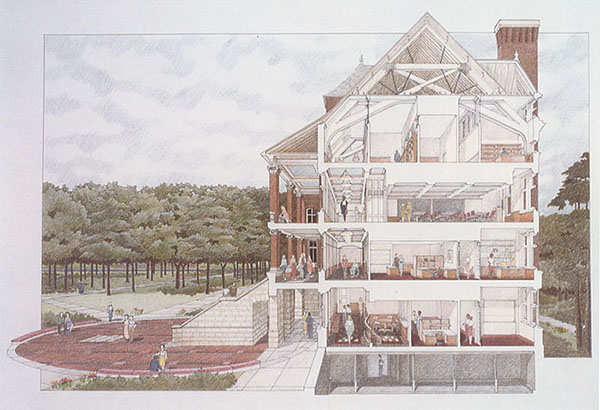 An architectural rendering showing the renovation plans for what would become Carrie Chapman Catt Hall and the Plaza of Heroines.