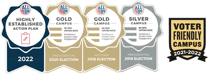 Awards that Iowa State has won for its student voter turnout in the 2016, 2018 and 2020 elections, as well as for its action plan for the 2022 election.