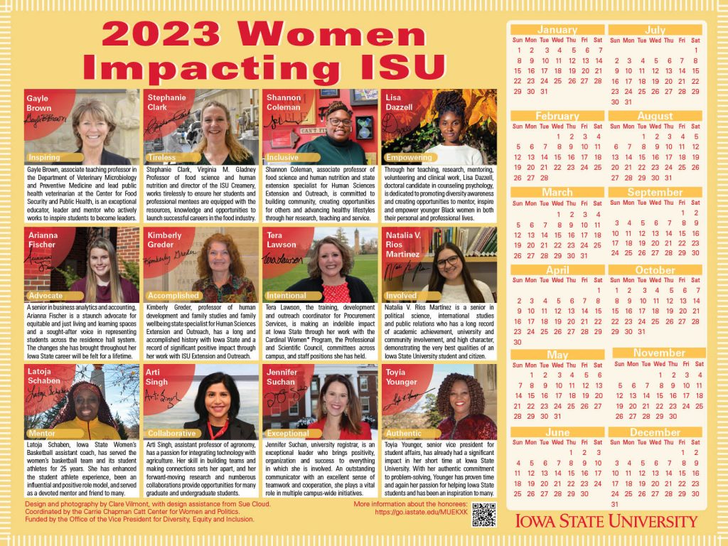 2023 Women Impacting ISU calendar - yellow background with photos of the honorees, a narrative and adjective for each, and their signatures. Calendar along the right side of the poster. QR code at the bottom links to webpage with a longer narrative about each honoree.