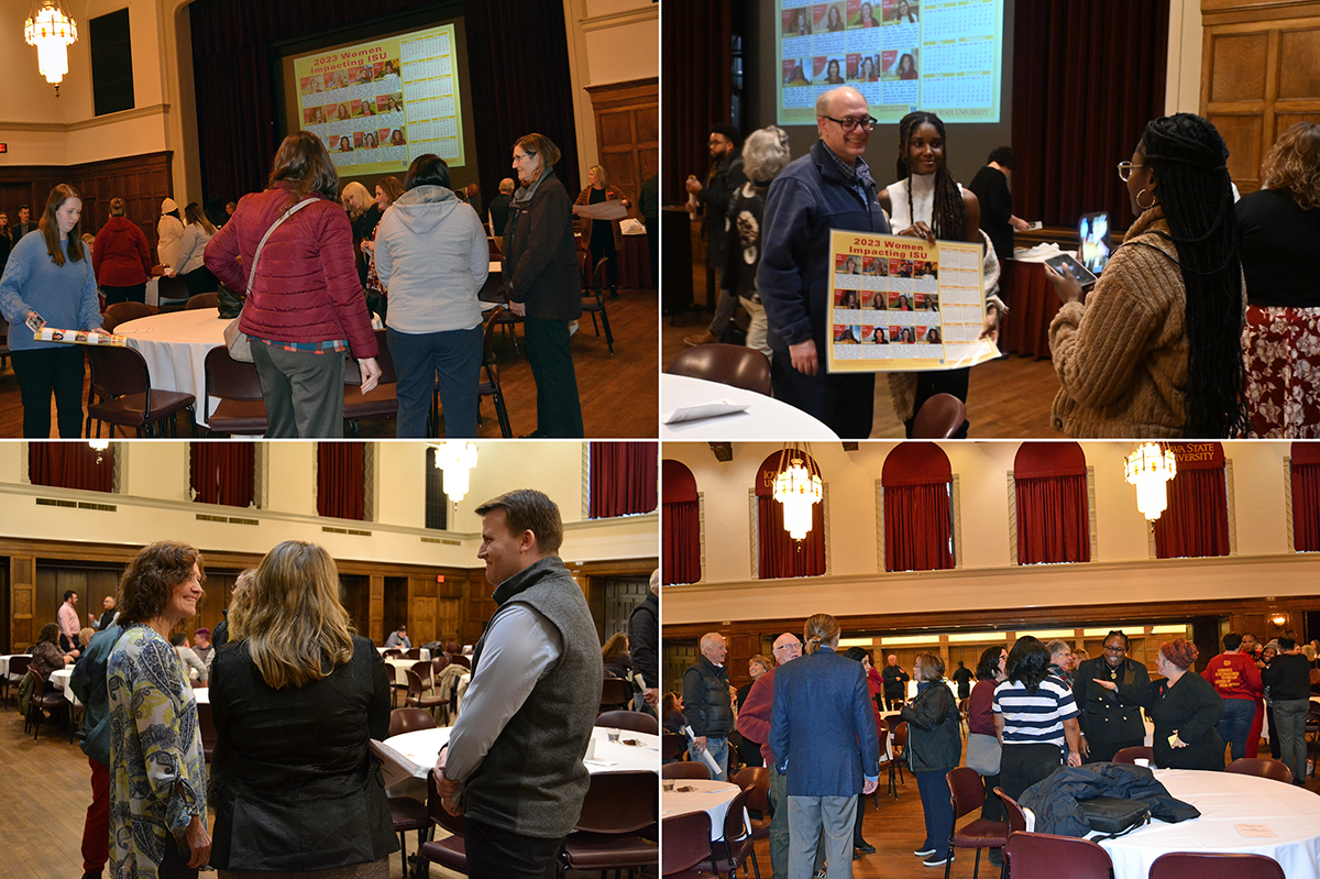 Four photos showing calendar honorees and reception guests talking and picking up calendars after the reception.