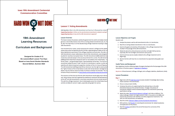 Screenshot of the cover and first two pages of Lesson 1 of the 19th Amendment Curriculum